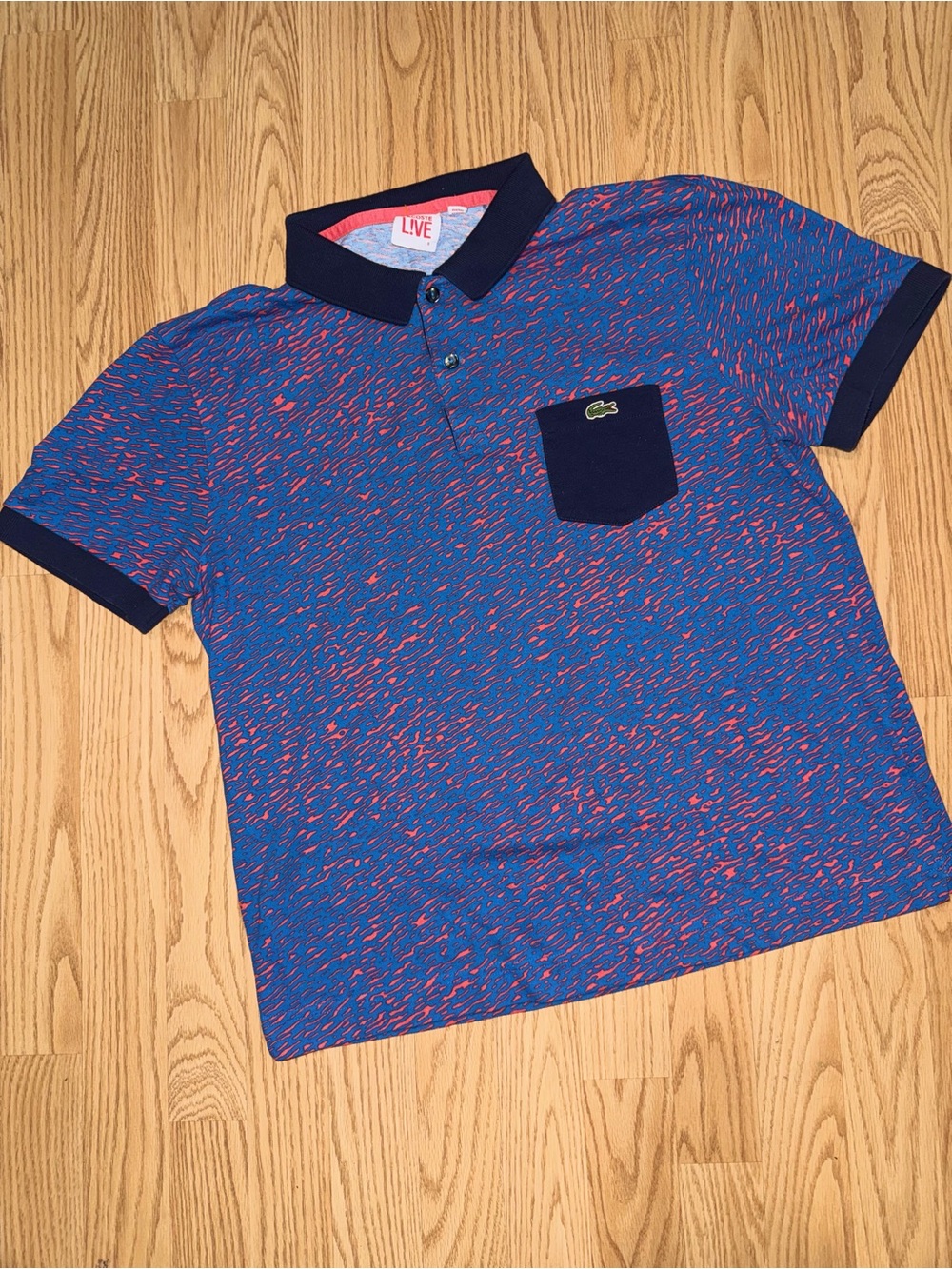 Lacoste LIVE Men’s Medium Polo Shirt Blue Red Abstract Pocket Short Sleeve
